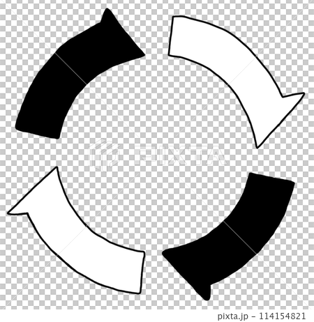 循環する白黒の矢印、おしゃれでシンプルなイラスト。 循環する白黒の矢印、おしゃれでシンプルなイラスト。 114154821