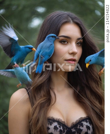 Brunette with little blue birds. Brunette with little blue birds. 114154822