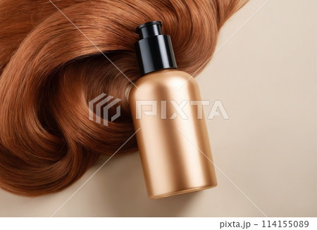 Top view of golden bottle of cosmetic product on red curls. Hair coloring and salon professional care. Ai generation 114155089