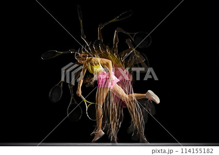 Competitive young girl, tennis player in motion in colorful sportswear training against black background with stroboscope effect 114155182