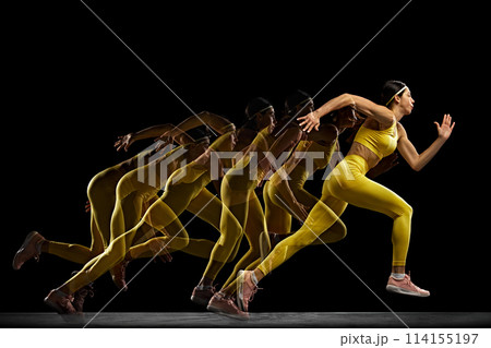 Dynamic image of sportive woman, athlete in motion, showing strength and agility, running against black background with stroboscope effect 114155197