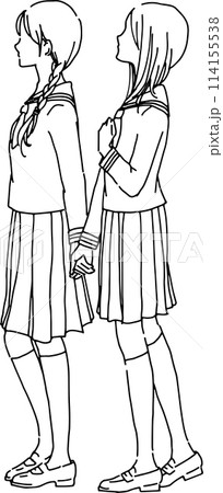 手をつないで歩いている女子学生のモノクロ線画イラスト 手をつないで歩いている女子学生のモノクロ線画イラスト 114155538