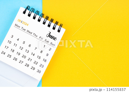 June 2024, Monthly desk calendar for 2024 year on yellow and blue background. 114155837