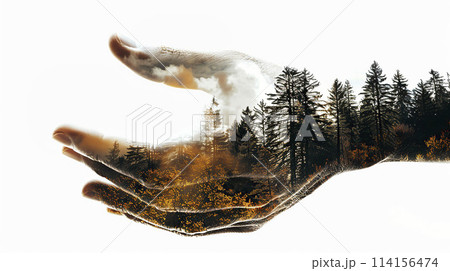 AI-generated item. Double exposure of hands and nature background. Concept of ecology.	 114156474