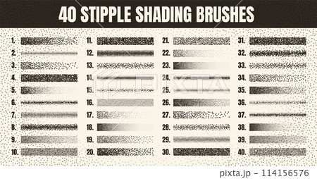 Stipple scatter brush, ink drawing and texturing. Fading gradient. Stippling, dotwork drawing, shading using dots. Halftone disintegration effect. White noise grainy texture. Vector illustration 114156576