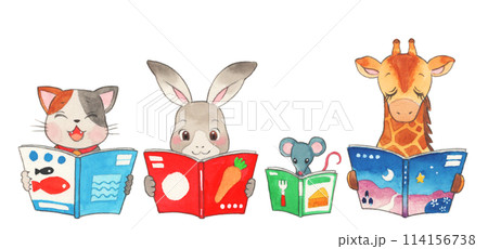読書週間イラスト 本を読む動物たち 水彩手描きのイラスト素材