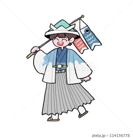 鯉のぼりを持って兜を被った着物の男の子 114156778