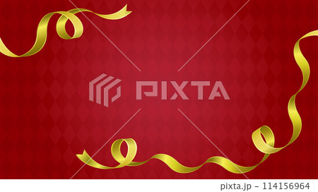 くるくるしたゴールドのリボンの背景フレーム枠(赤背景) くるくるしたゴールドのリボンの背景フレーム枠(赤背景) 114156964