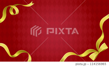 くるくるしたゴールドのリボンの背景フレーム枠(赤背景) くるくるしたゴールドのリボンの背景フレーム枠(赤背景) 114156965