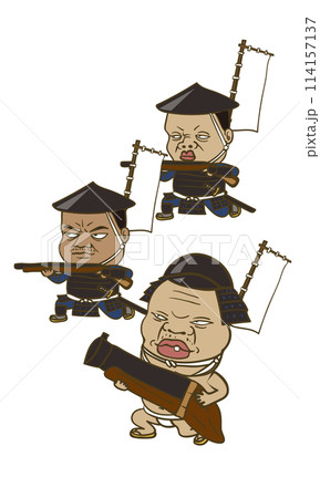 イラスト：日本の戦国時代の鉄砲隊と大筒 114157137