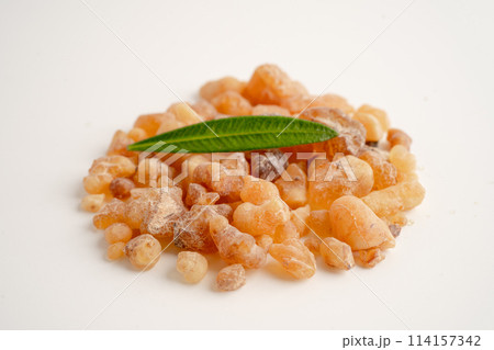 Frankincense or olibanum aromatic resin isolated on white background used in incense and perfumes. 114157342