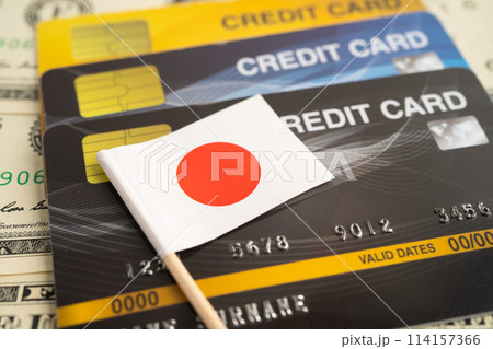 Credit card model with Japan flag, financial investment economy business banking. Credit card model with Japan flag, financial investment economy business banking. 114157366