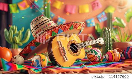 Cinco de Mayo, holiday in Mexico. cowboy sombrero hat, guitar, maracas, greeting card 114157609
