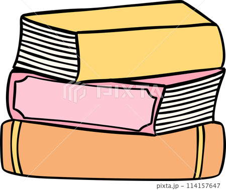 Retro groovy pile of books school supplies back to school doodle drawing Retro groovy pile of books school supplies back to school doodle drawing 114157647