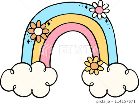 Retro groovy school supplies back to school rainbow doodle drawing 114157671