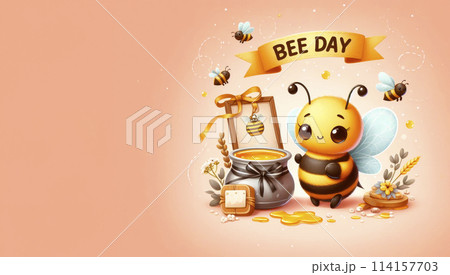 Photo of a cheerful bee near a brown pot of honey, a sign with the inscription "Bee Day" Photo of a cheerful bee near a brown pot of honey, a sign with the inscription "Bee Day" 114157703