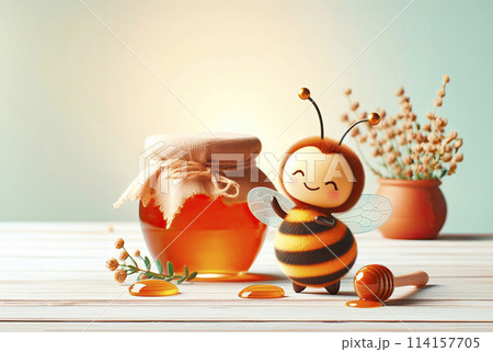 Photo of a cheerful bee near a brown pot of honey, a sign with the inscription "Bee Day" 114157705