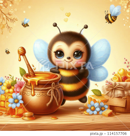 Photo of a cheerful bee near a brown pot of honey, a sign with the inscription "Bee Day" Photo of a cheerful bee near a brown pot of honey, a sign with the inscription "Bee Day" 114157706