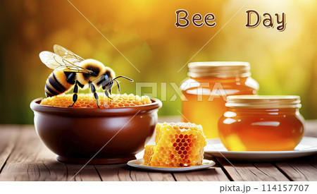 Cheerful bees near a brown pot of honey, honeycomb on a plate, concept for "Bee Day" Cheerful bees near a brown pot of honey, honeycomb on a plate, concept for "Bee Day" 114157707