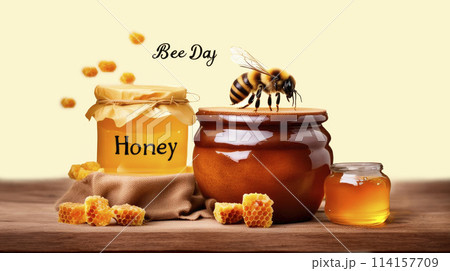 Cheerful bees near a brown pot of honey, honeycomb on a plate, concept for "Bee Day" 114157709