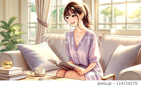 リビングで読書をする女性 114158270
