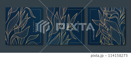 Vector set of art deco floral pattern, line labels frames, plant vintage ornament. Organic luxury borders, nature labels, blossom covers. Golden on blue. 114158273