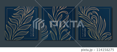 Vector set of art deco floral pattern, line labels frames, plant vintage ornament. Organic luxury borders, nature labels, blossom covers. Golden on blue. 114158275