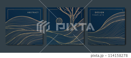 Vector wave japanese landscape, square patterns, nature asian posters. Tree with sun and hills illustration, line style, gold on dark background 114158278
