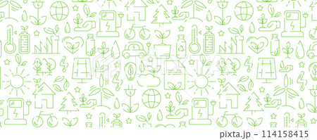 Ecology seamless pattern, green linear icons. Environmental improvement, sustainability, recycle, renewable energy. Eco friendly vector banner. For cover, wrapping paper, textile print. Ecology seamless pattern, green linear icons. Environmental improvement, sustainability, recycle, renewable energy. Eco friendly vector banner. For cover, wrapping paper, textile print. 114158415