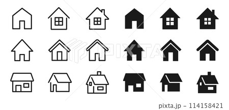 家のオブジェクト、シンプルなホームアイコン、住宅と不動産の塗りと線画のベクターイラストセット白い背景 114158421