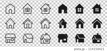 家のオブジェクト、シンプルなホームアイコン、住宅と不動産の塗りと線画のベクターイラストセット白い背景 114158421