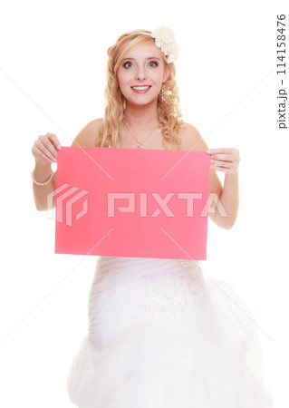 Wedding day. Woman bride holding sign red blank Wedding day. Woman bride holding sign red blank 114158476