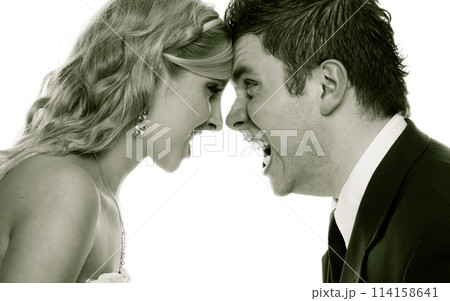 Angry woman man yelling at each other. Fury bride groom. Angry woman man yelling at each other. Fury bride groom. 114158641