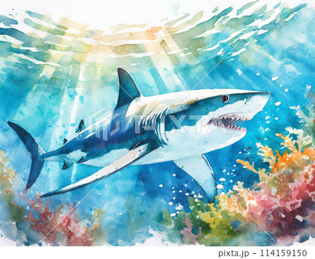 水彩画のホオジロザメのイラスト 114159150