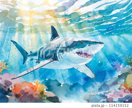 水彩画のホオジロザメのイラストのイラスト素材 [114159152] - PIXTA