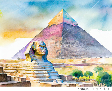 水彩画のピラミッドとスフィンクスのイラストのイラスト素材