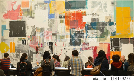Group of professionals at a meeting in front of a vibrant abstract art collage Group of professionals at a meeting in front of a vibrant abstract art collage 114159278