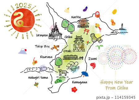 千葉県の観光地のイラストマップ年賀状2025年 114159345