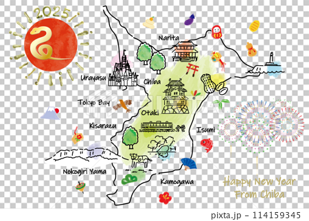 千葉県の観光地のイラストマップ年賀状2025年 114159345