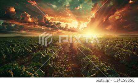 Serene view of high-tech agriculture at sunrise with vibrant sunlight through clouds 114159356