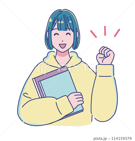 本を持つアニメ風の女子学生　ガッツポーズ 114159379
