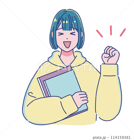 本を持つアニメ風の女子学生　ガッツポーズ 114159381