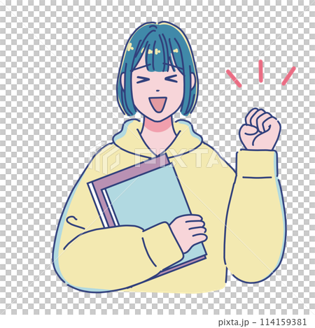 本を持つアニメ風の女子学生　ガッツポーズ 114159381