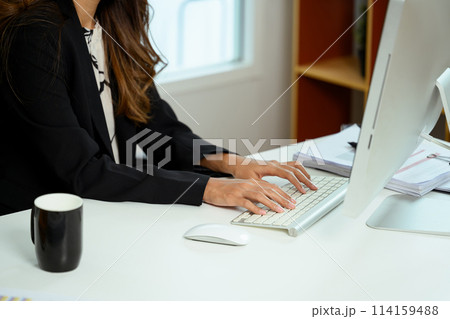 Cropped shot of businesswoman female executive manager watching online webinar on computer in office Cropped shot of businesswoman female executive manager watching online webinar on computer in office 114159488