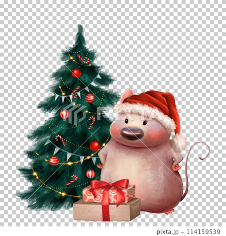 Mouse with fir tree and presents. Hand drawn Christmas illustration 114159539
