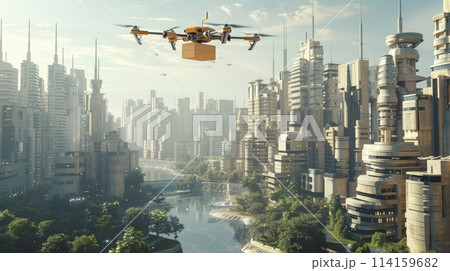 Autonomous drone delivering a package over a contemporary cityscape 114159682