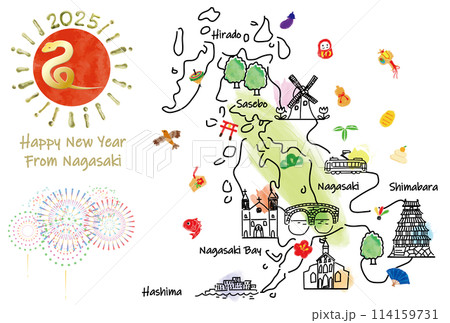 長崎県の観光地のイラストマップ年賀状2025年 114159731