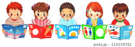 読書週間イラスト　本を読む子どもたち　水彩手描き 114159782