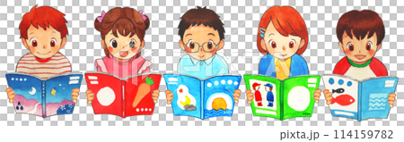 読書週間イラスト　本を読む子どもたち　水彩手描き 114159782