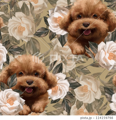 Seamless pattern with cute poodle dogs and rose flowers Seamless pattern with cute poodle dogs and rose flowers 114159798